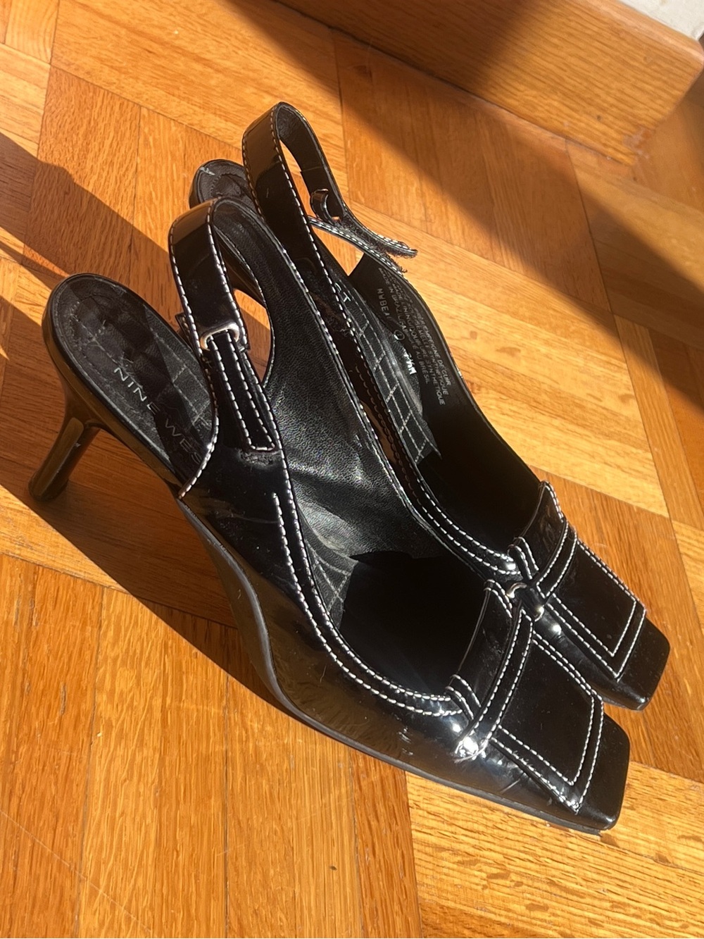 Nine West Black Patent Slingback Heels with White Stitching